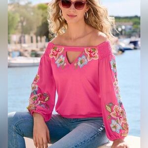 Boston Proper Embroidered Florals Off The Shoulder Top Small Pink Sheer Sleeves